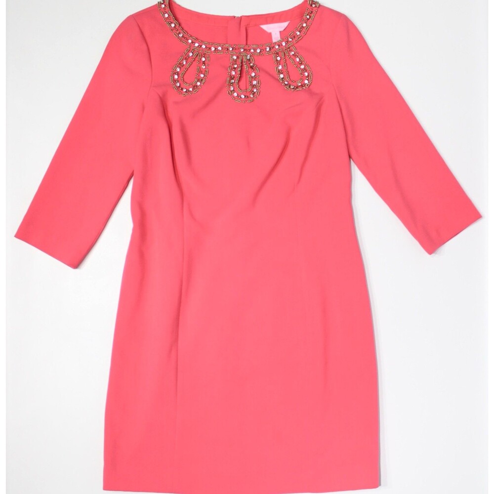 Lilly Pulitzer Long Sleeve Gold Jeweled Neckline Shift Dress Pink Women Size 8